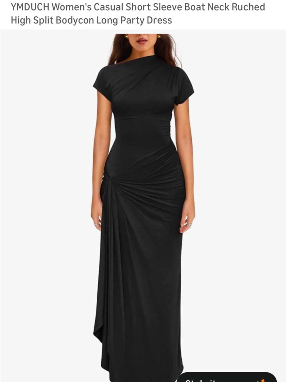 Women's Black Ruched Boat Neck Maxi Dress